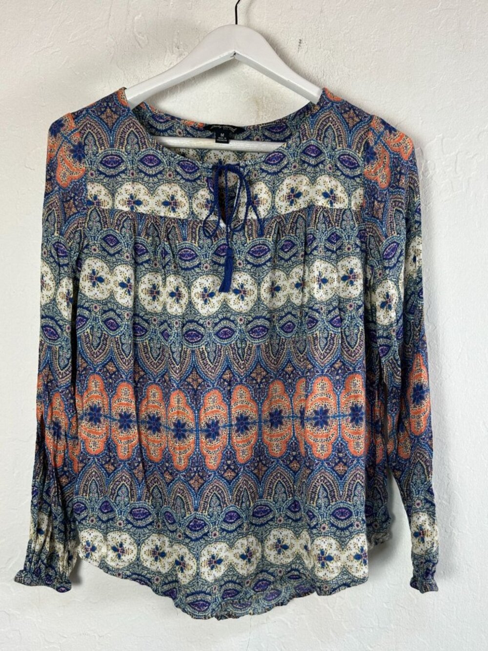Lucky Brand Womens Boho Paisley Long Sleeve Peasant Blouse Top Medium Multicolor